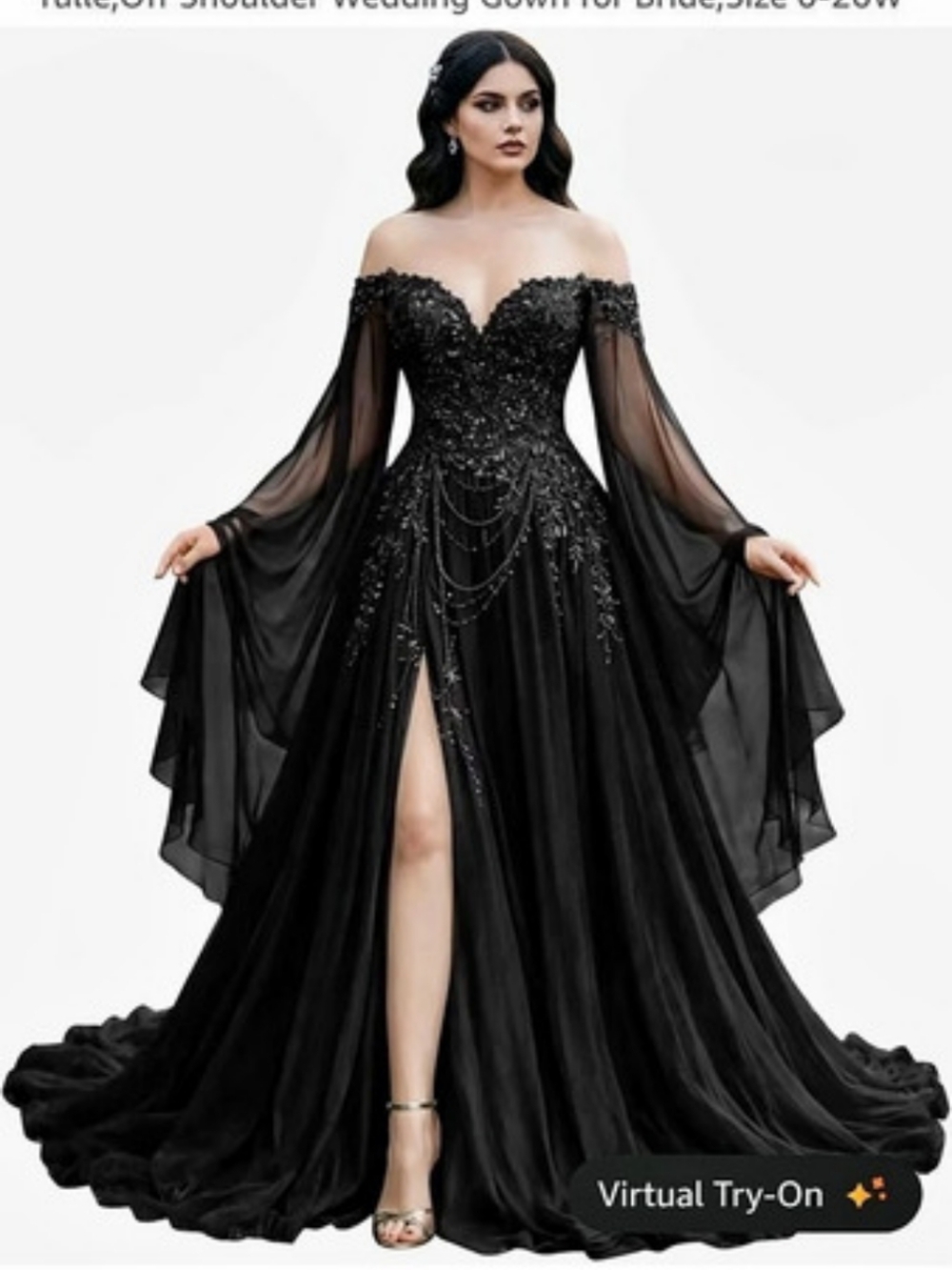 Mauuwy Gothic Wedding Dresses with Split Off Shoulder Beaded Bride Dress Black